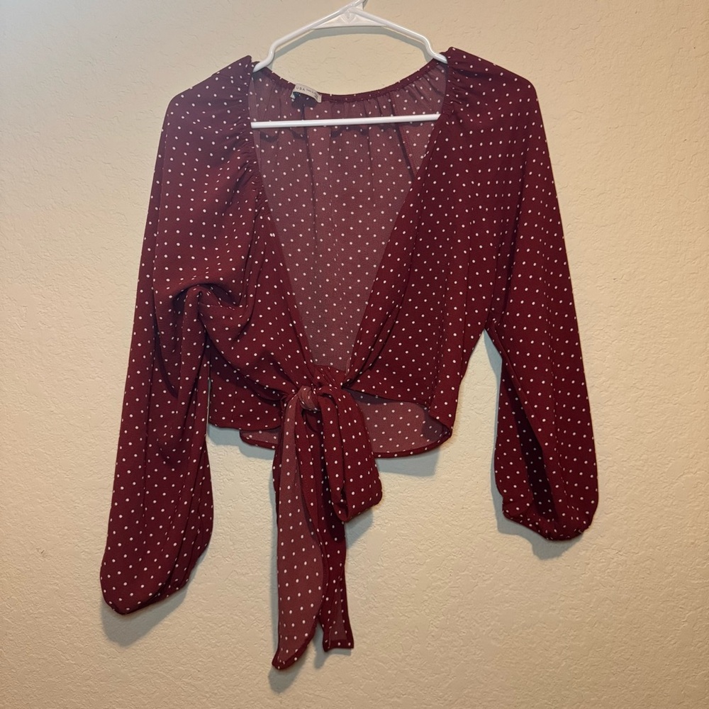 Active USA Women’s Burgundy with White Polka Dot Crop Top with Tie Front